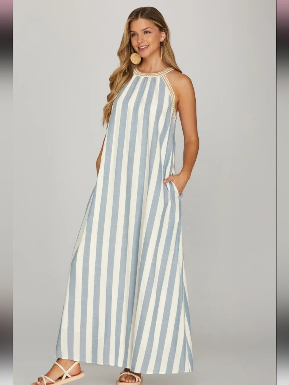 She + Sky Sleeveless Halter Blue and White Striped Maxi Dress - Picture 3 of 8